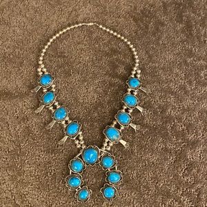 Vintage sterling silver and turquoise squash blossom necklace